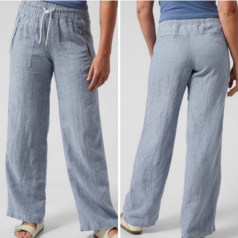 Athleta Light Blue Wide Leg Linen-Blend Pants